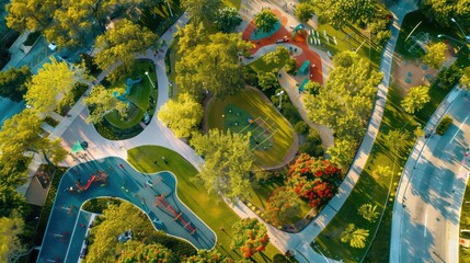 A city park with playgrounds, jogging paths, and community event spaces