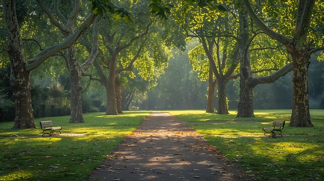 Tranquil park with Sycamore Trees Platanus providing shade over walking paths and picnic areas in London UK