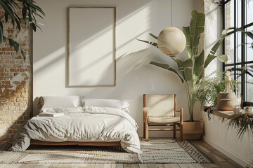 Modern Scandinavian bedroom minimal decor with empty frame