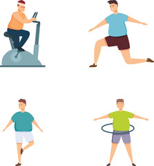 Illustration collection featuring men performing aerobic exercises, including cycling and stretching