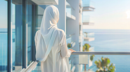 Elegant Woman in Hijab Enjoying Coastal View from Modern Balcony. Luxurious and peaceful environment, a high-end residential or hotel area.