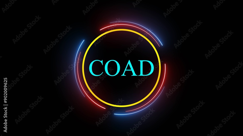 Wall mural technology background with glowing neon circle and the word coad on black background.