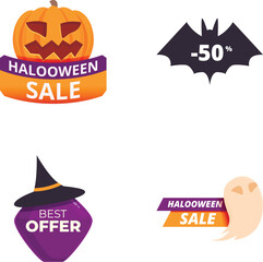 Collection of colorful halloweenthemed discount icons featuring a pumpkin, bat, witch hat, and ghost