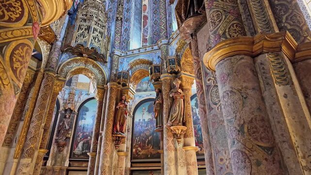 Interior view at the Charola of the Convent of Christ, magnificent Knights Templar architecture, round church altar, paintings and very peculiar ornaments, Tomar Portugal