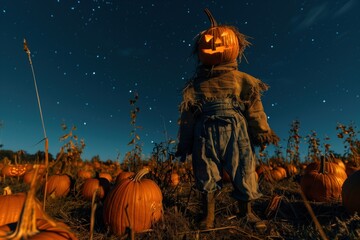 Fototapeta premium Scarecrow with Pumpkin Head in a Moonlit Pumpkin Patch at Night