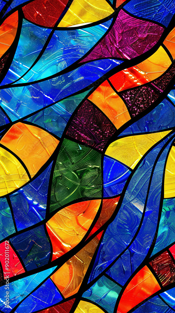 Aufkleber vibrant stained glass window design with bold black lines in a seamless pattern featuring a variety 