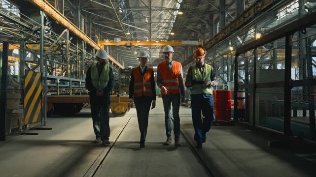 Four heavy industry engineers in safety uniform and hard hats discuss work process walking at manufacturing factory. Mature supervisor holds laptop, talks to diverse workers in warehouse. Slow motion.