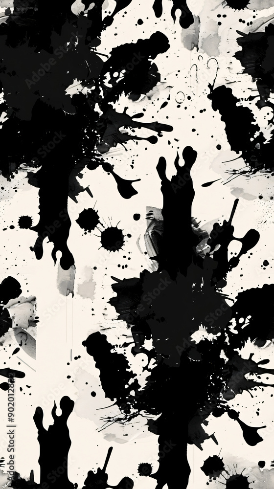 Poster Bold and artistic seamless pattern with abstract black ink splashes and splatters on a white background
