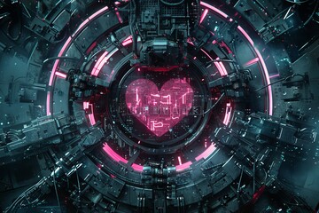 Sci fi heart in a high tech chamber with neon lights and mechanical elements showcasing advanced design