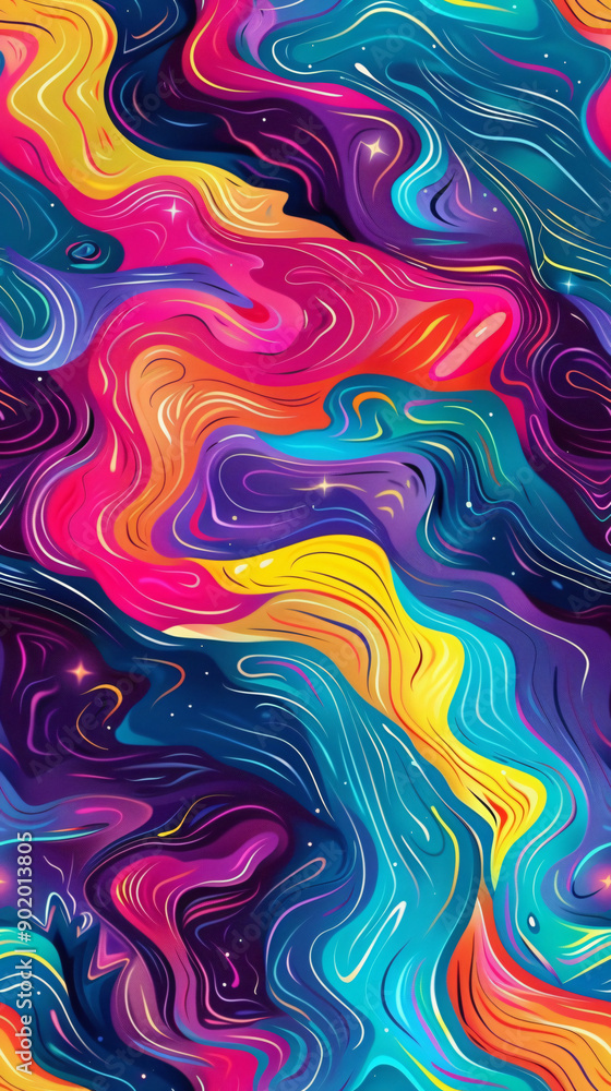 Aufkleber vibrant abstract background with fluid wavy lines resembling a cosmic river and twinkling stars