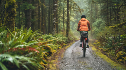 Cyclist in orange jacket riding a bicycle on a forest path surrounded by lush greenery and moss-covered trees.