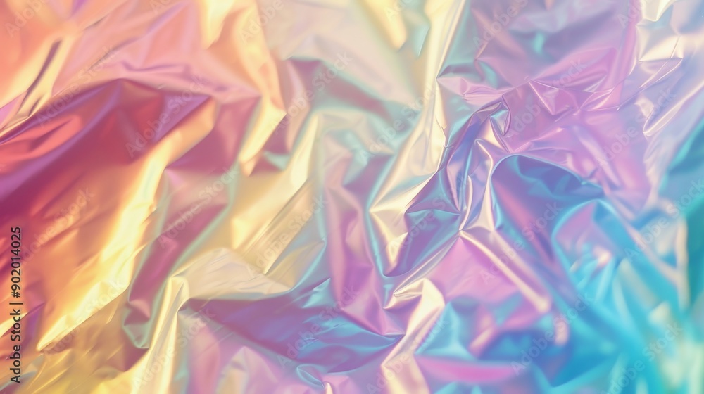 Poster iridescent crumpled foil with vibrant pastel gradient colors, abstract background. concept of modern