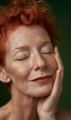 A serene woman with red hair and freckles smiles gently with her eyes closed