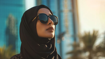 Elegant Muslim woman with hijab and stylish sunglasses, looking confidently into the distance. The background depicts luxurious lifestyle.