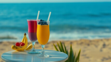 Obraz premium Two drinks on a table with a beach in the background. The drinks are in tall glasses and the table is white