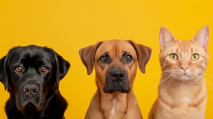 Three dogs and a cat are standing next to each other on a yellow background. The dogs are black and brown, and the cat is orange. The scene is playful and lighthearted