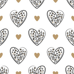 Seamless pattern of leopard skin spots hearts, black outlines, white background