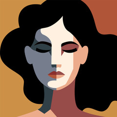 Woman portrait flat minimalist style. Long dark hair, geometric face shape. Surrealism