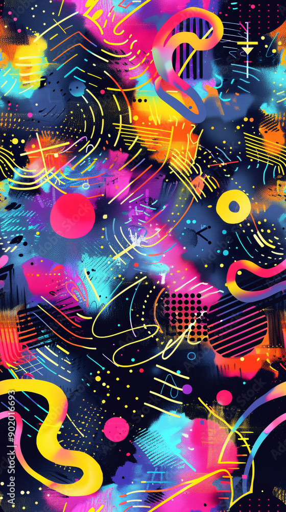 Poster Vibrant abstract seamless pattern with colorful geometric shapes and brushstrokes set against a dark backdrop