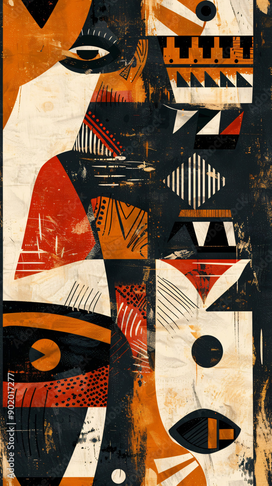 Poster abstract geometric faces in a seamless pattern, featuring modern style, grunge texture, and a limite