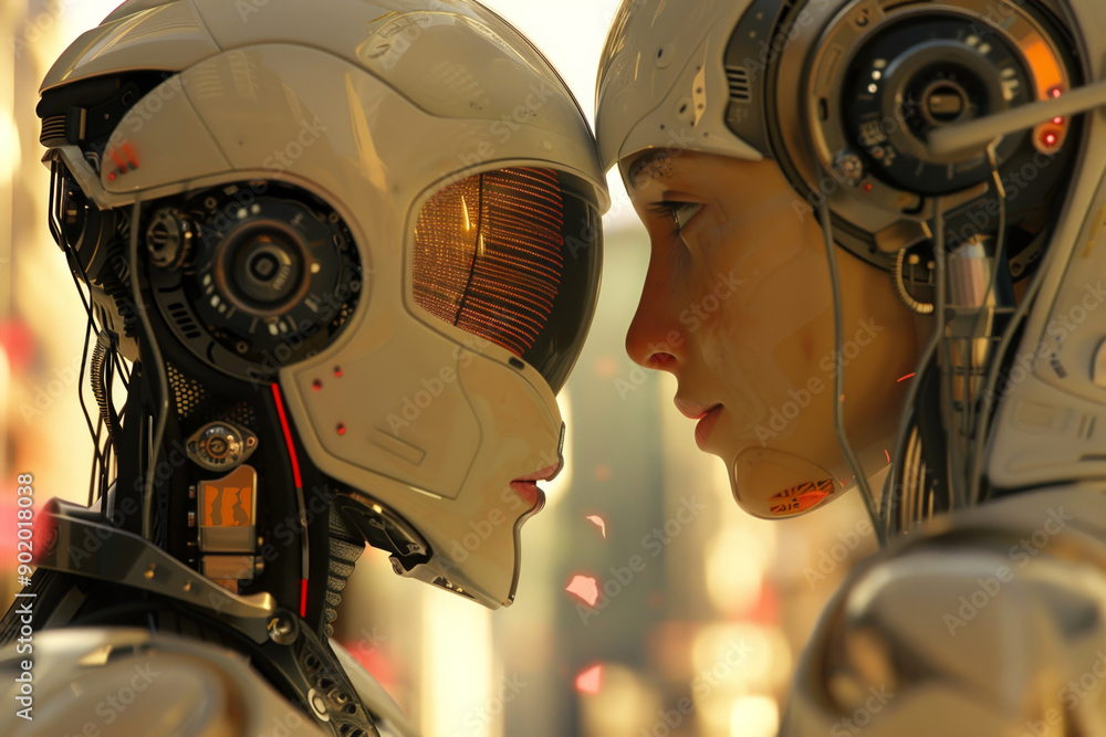 Poster two robots with white helmets and red buttons on their heads