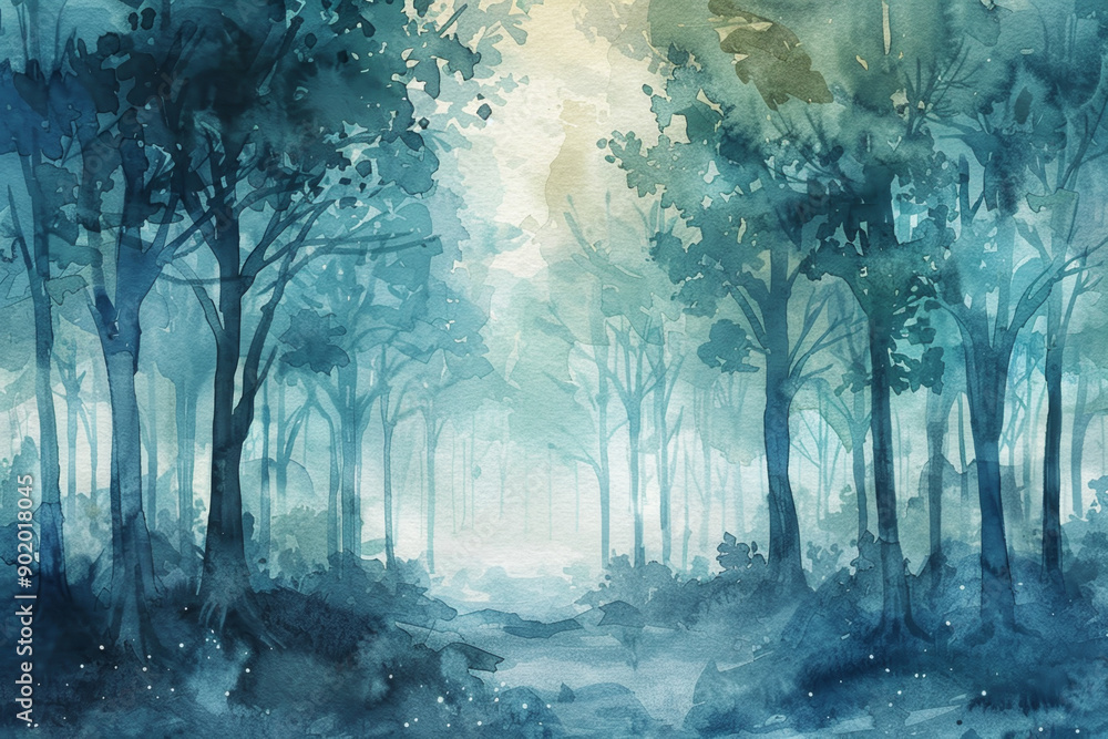 Poster a painting of a forest with trees and a path