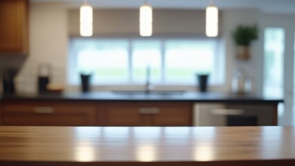 Blurred Modern Kitchen Interior with Wooden Countertop.