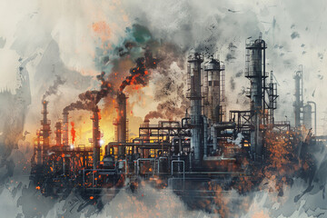 A painting of a factory with smoke coming out of it
