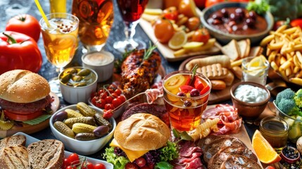 food collage of assortment meals and drinks