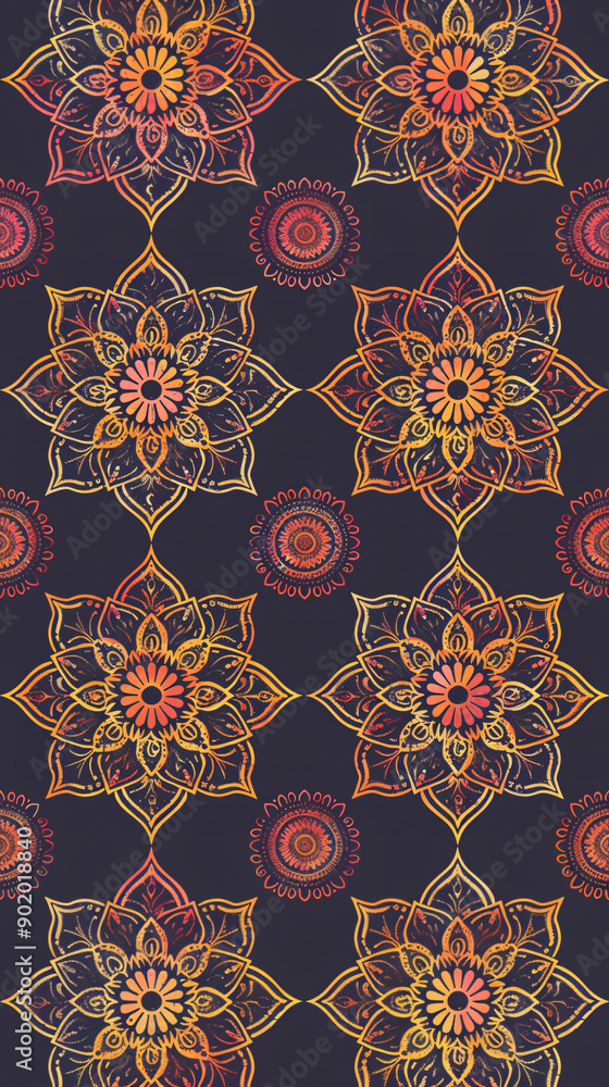 Poster detailed lotus flowers with warm gradient colors in a seamless pattern against a dark backdrop