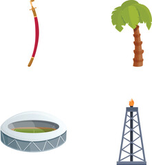 Set of four vector icons representing adventure, nature, sports, and industry