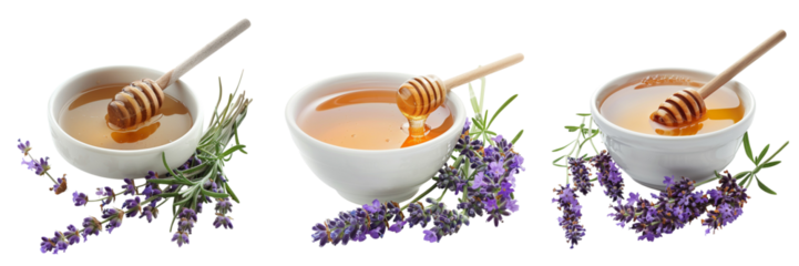 Set of white ceramic bowl filled with honey and lavender sprigs isolated on transparent background  (2)