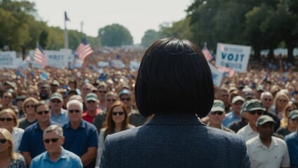 Fototapeta premium female politician stands at the podium in front of a large number of people, view from the back