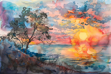 A painting of a sunset over a body of water with a tree in the foreground