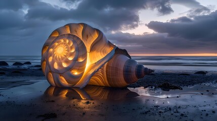 Obraz premium Nautilus shell glowing on the beach