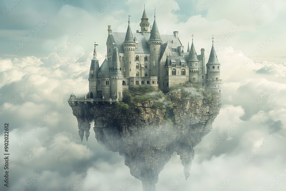 Poster a castle is floating in the sky with clouds surrounding it