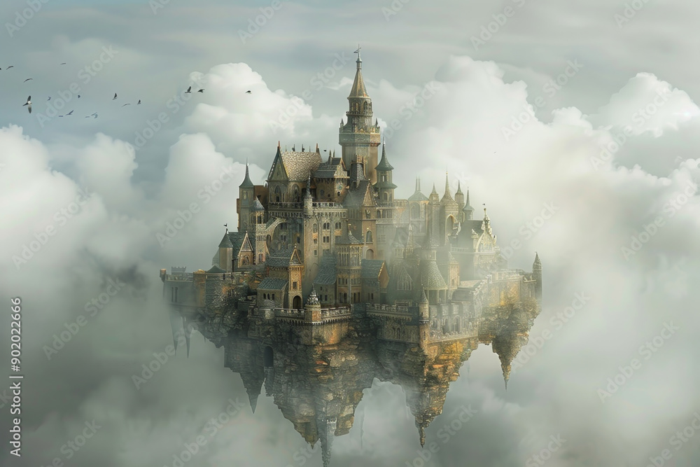 Poster a castle is floating in the sky with clouds surrounding it