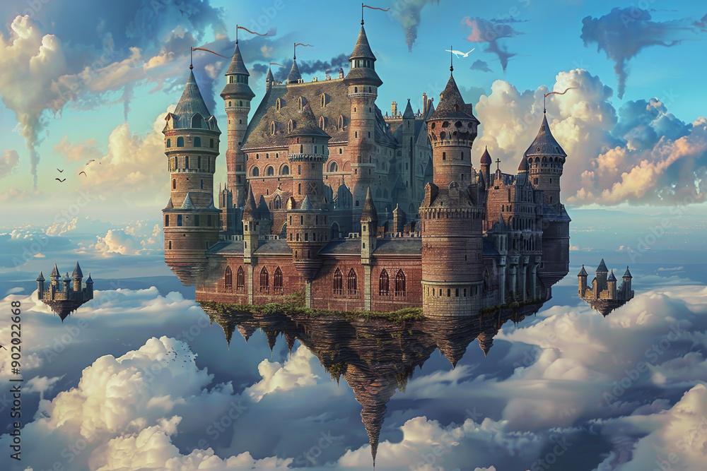 Poster a castle is floating in the sky with clouds surrounding it