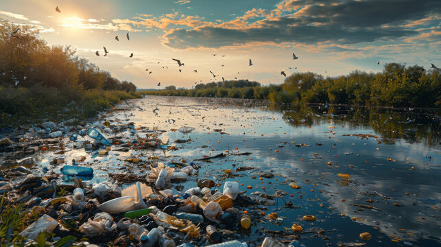 River heavily polluted with plastic waste and debris, highlighting environmental pollution and the need for conservation.