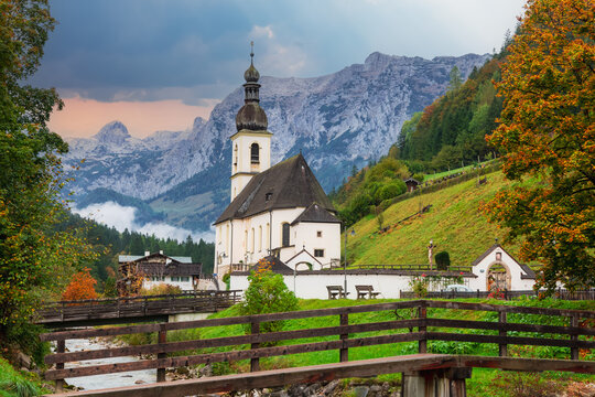 Famous church in the middle of Alp mountains at Ramsau village near Berchtesgaden, Germany.