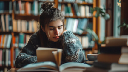 The student life Shot of a group of university students working on computers in the library at campus, student full body standing in a library and looking through a book, woman in the library