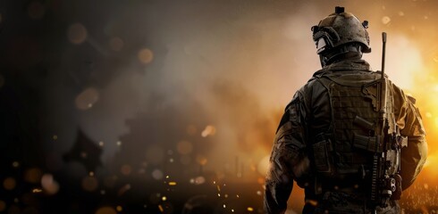 Fototapeta premium Soldier Standing in Combat Zone at Sunset