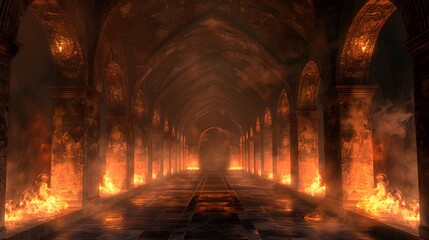 Classic stone arches with flames lighting the way, evoking the majesty and mystery of ancient architecture
