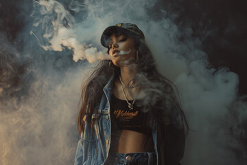 Fototapeta premium A woman is smoking a cigarette and the smoke is billowing around her