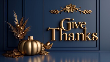Golden "Give Thanks" text with a gold pumpkin and leaves on a dark blue background, perfect for Thanksgiving celebrations with an elegant and luxurious design