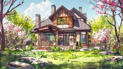 Obraz premium A picturesque country house surrounded by a vibrant spring garden