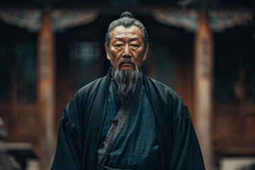 Naklejka premium A man with a long beard and a black robe stands in front of a building