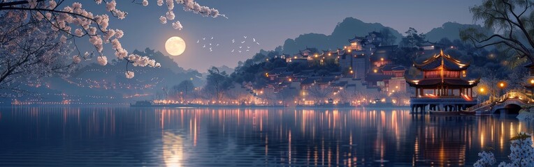 Fototapeta premium Enchanting Moonlit Night Over Ancient Chinese Riverside