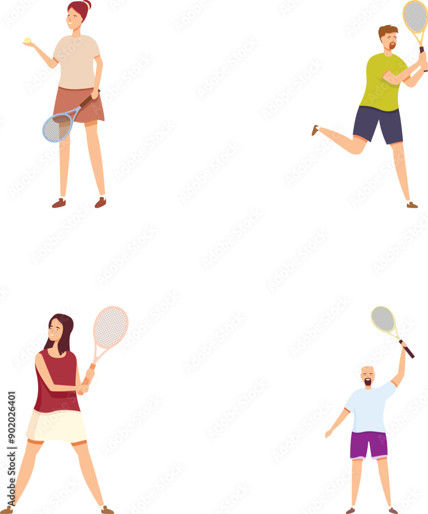 Poster collection of four cartoon characters, each with a badminton racket in different poses
