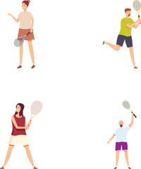 Collection of four cartoon characters, each with a badminton racket in different poses